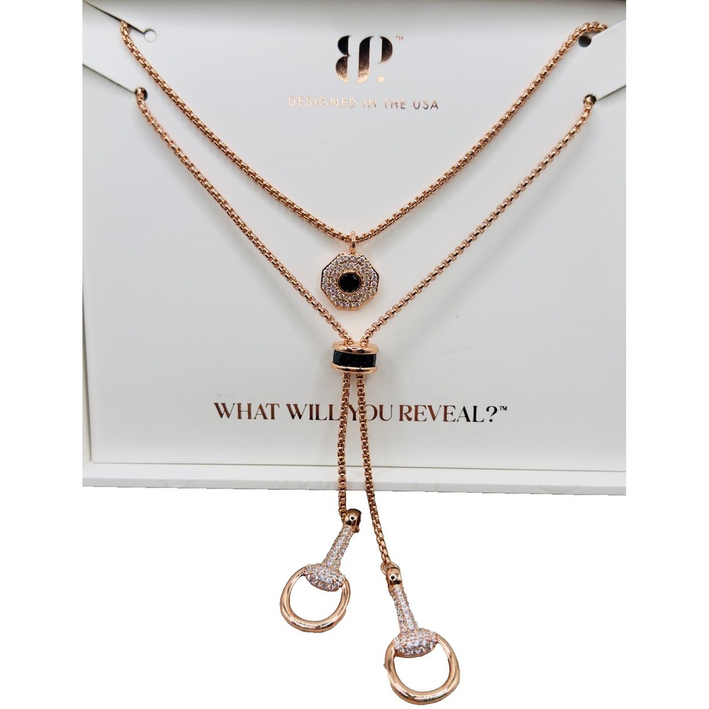 Bomb Party Luxe‎ Layers Love Unwritten Black Onyx Diamond CZ Rose Gold Necklace